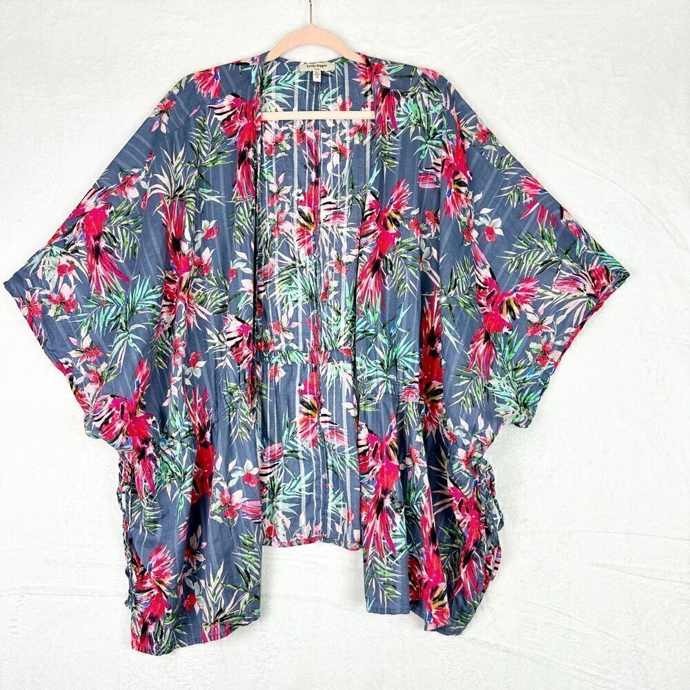 Haute Hippie Claire Tropical Floral Kimono Cover Up 1X Macaw Birds Beach